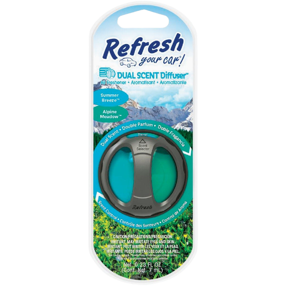 Car air freshener diffuser with dual scent options Summer Breeze and Alpine Meadow in plastic packaging