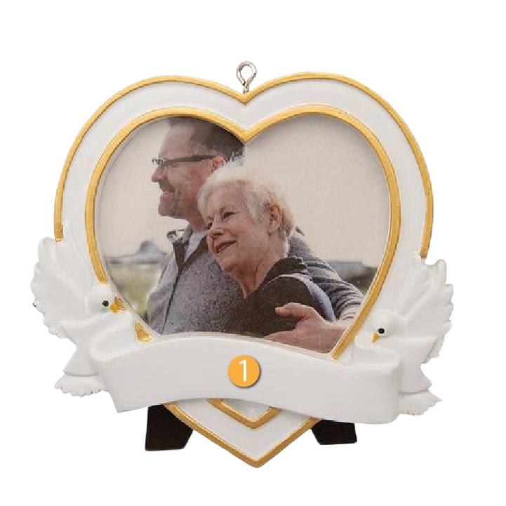 Heart-shaped personalized memorial ornament with doves and gold trim for Christmas tree decoration under $50