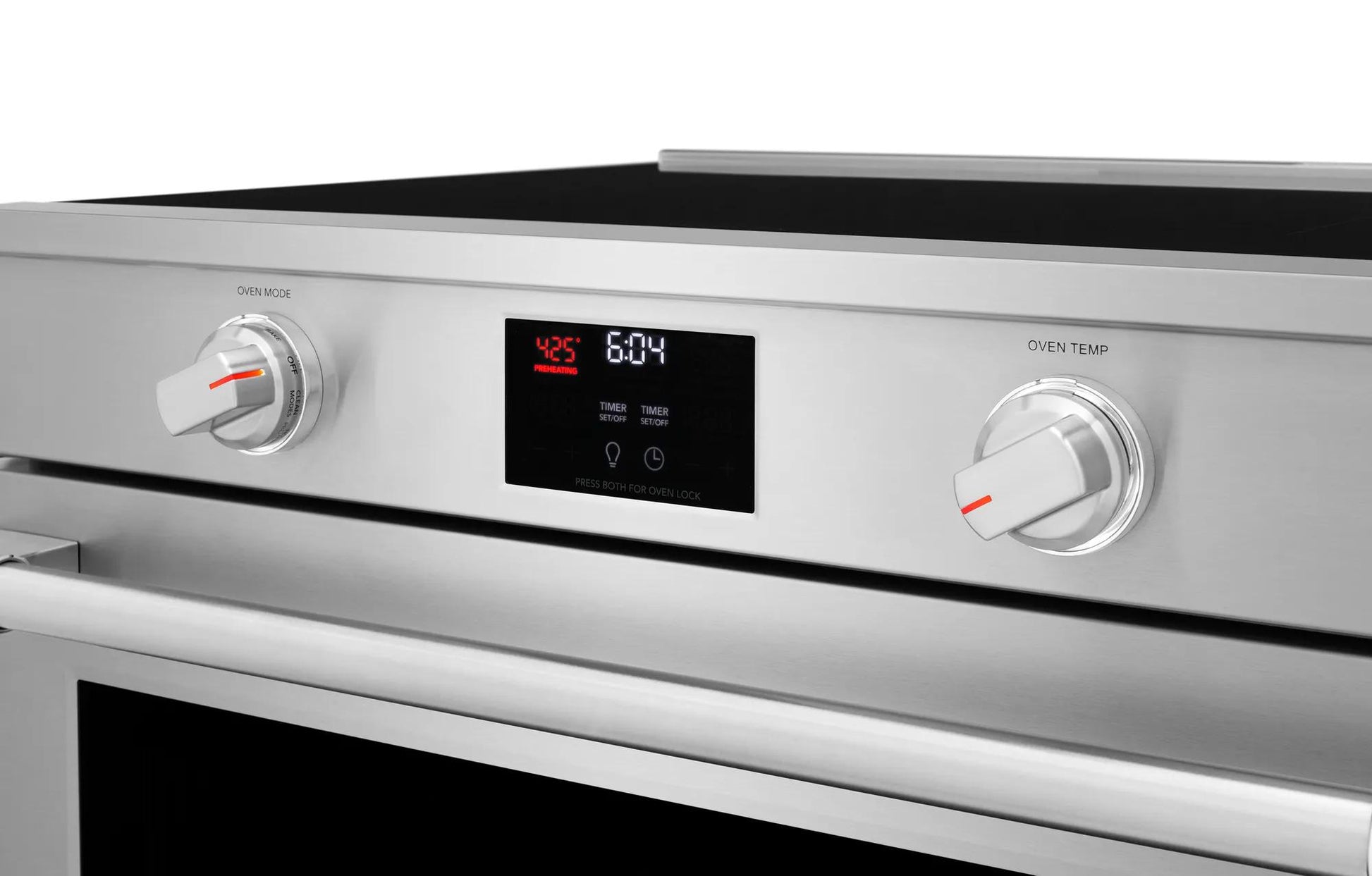 Close-up of stainless steel induction range control panel with digital display and dual knobs from Ranges & Kitchenware