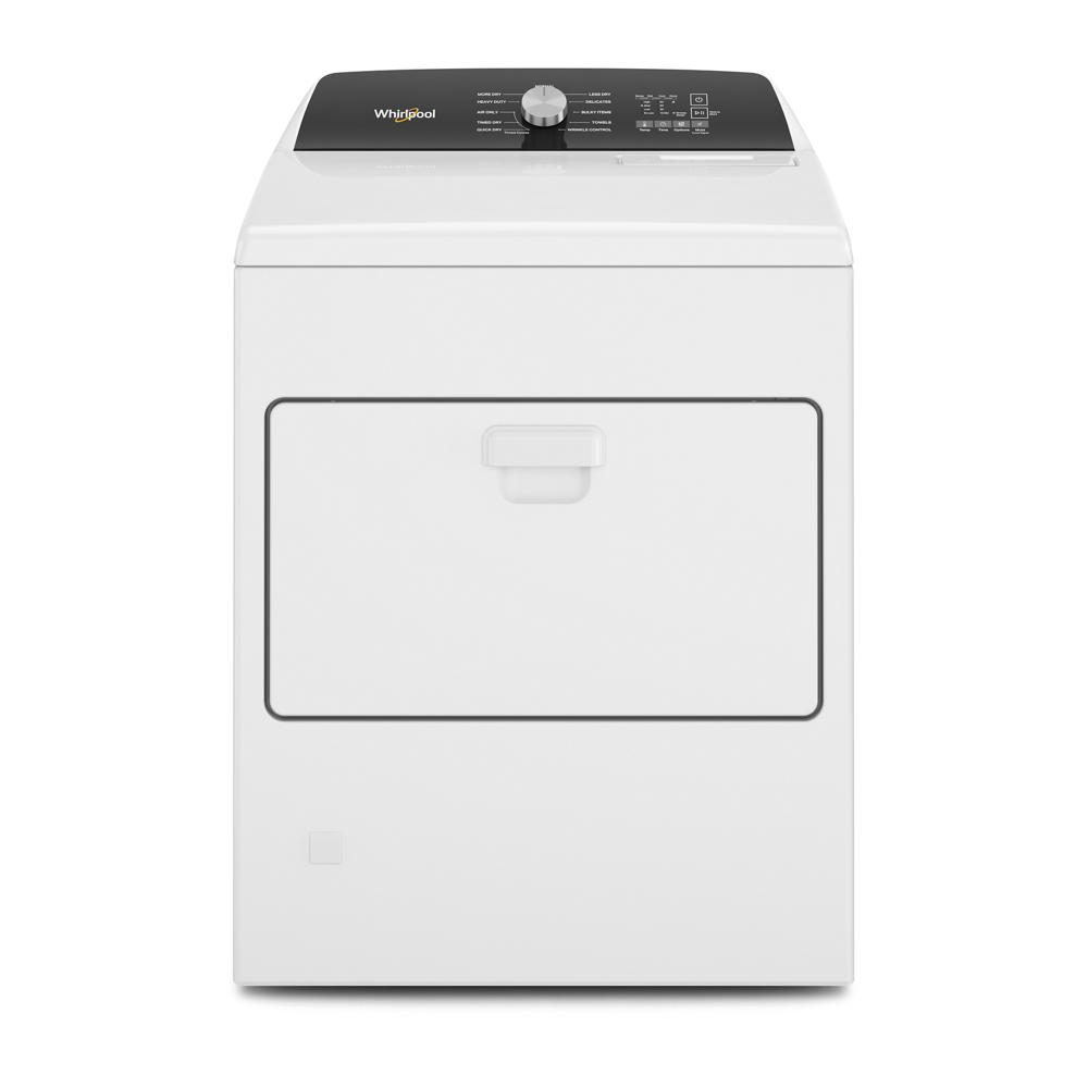 Front view of white top load gas dryer with control dial and digital display in dryers and home appliances collections