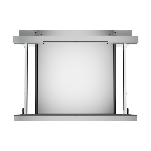 Stainless steel flat panel microwave drawer with easy touch open mechanism for built-in kitchen appliances.