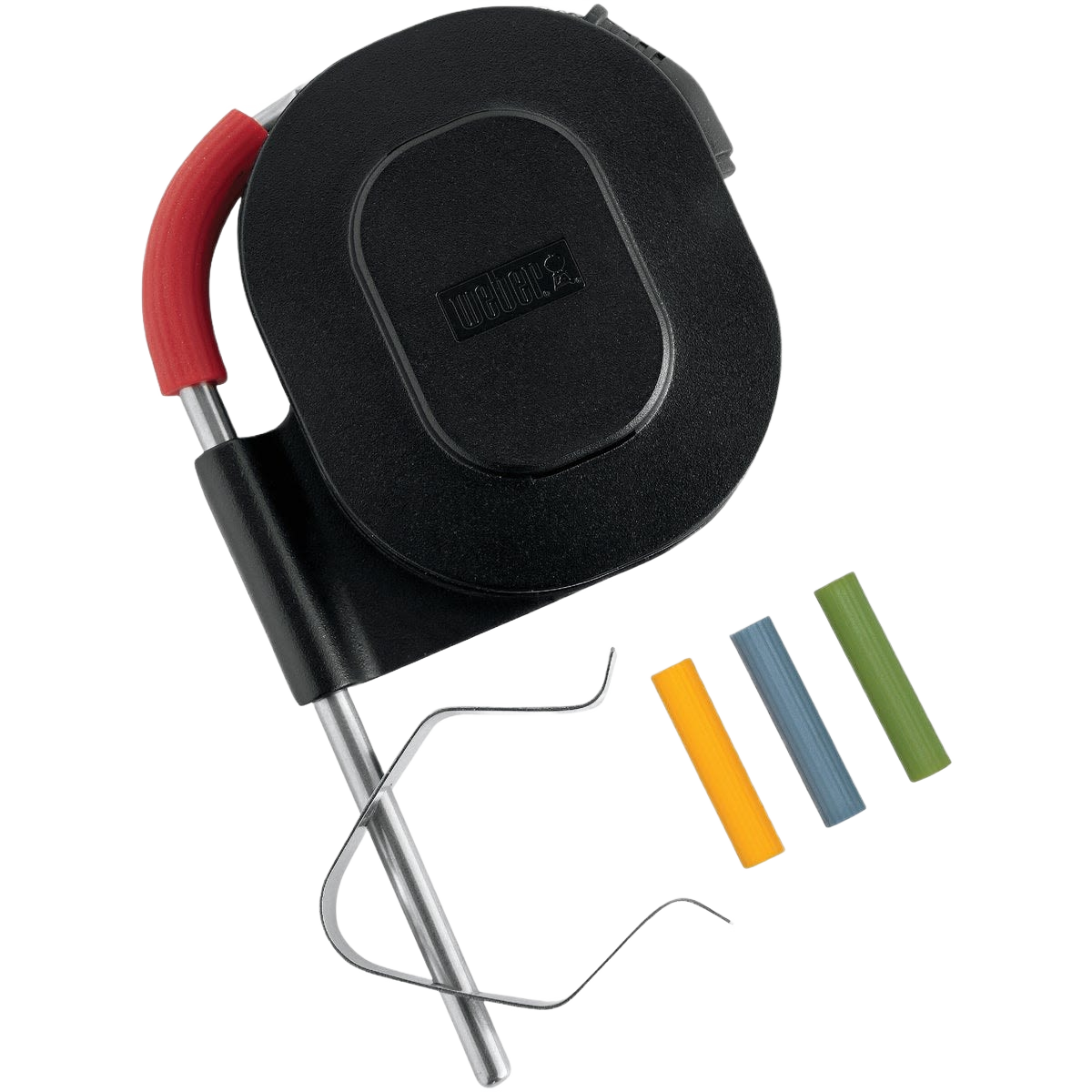 Black wireless grill thermometer receiver with red handle and three colored silicone grips for probes in grilling tools set