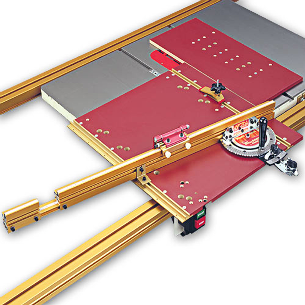 Gold anodized aluminum miter sled with adjustable clamp and protractor for precise crosscut and miter woodworking tasks