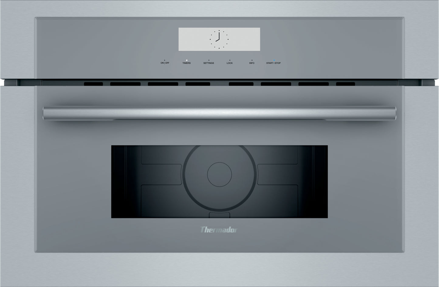 Built-in stainless steel microwave with glass touch controls and digital timer display in kitchen appliances collection