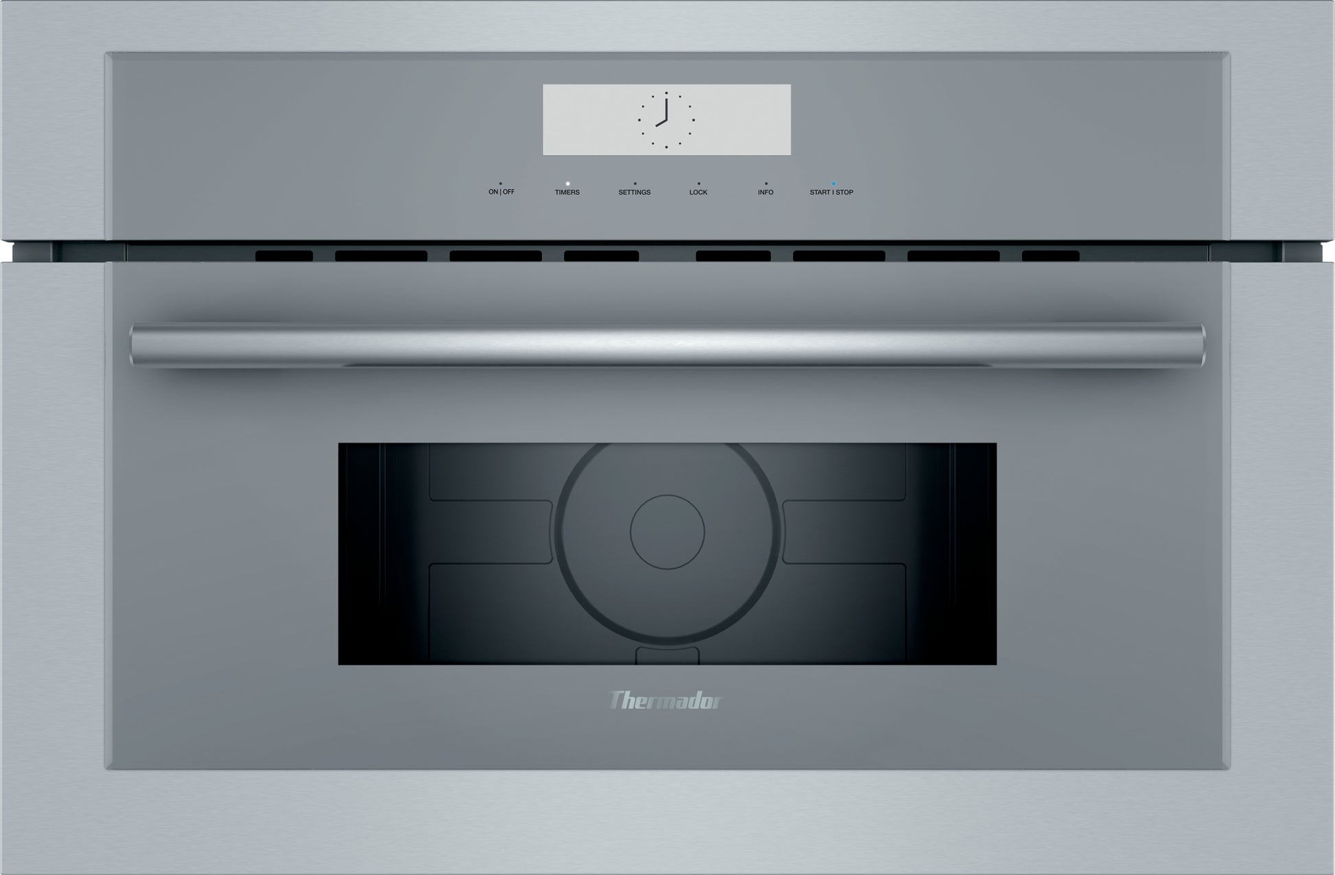 Built-in stainless steel microwave with glass touch controls and digital timer display in kitchen appliances collection