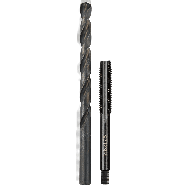 Metric straight flute plug tap and H drill bit set for precise threading and drilling in tool accessories and power tool collections
