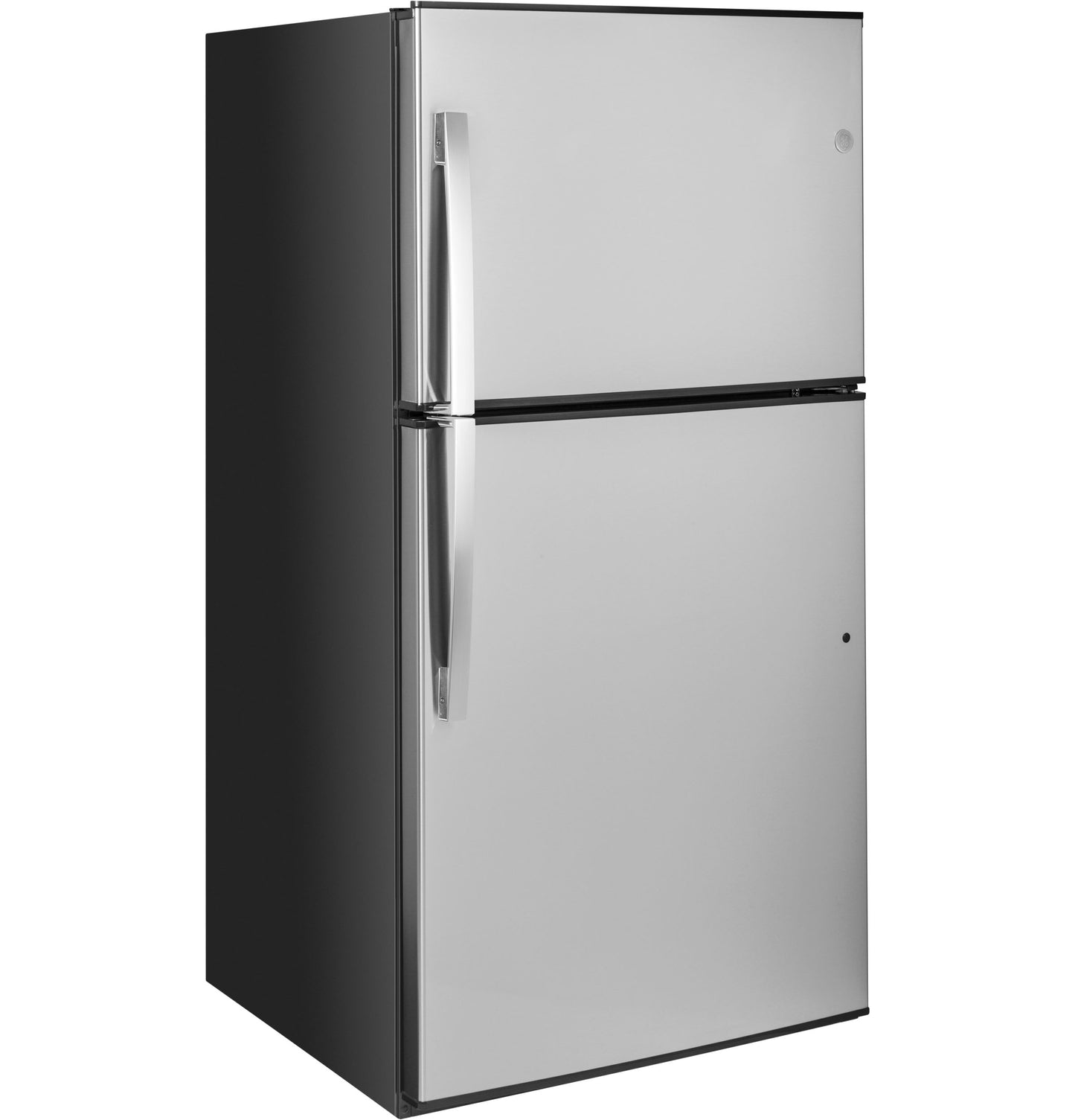 ENERGY STAR certified stainless steel top-freezer refrigerator with curved handles in kitchen appliances collection