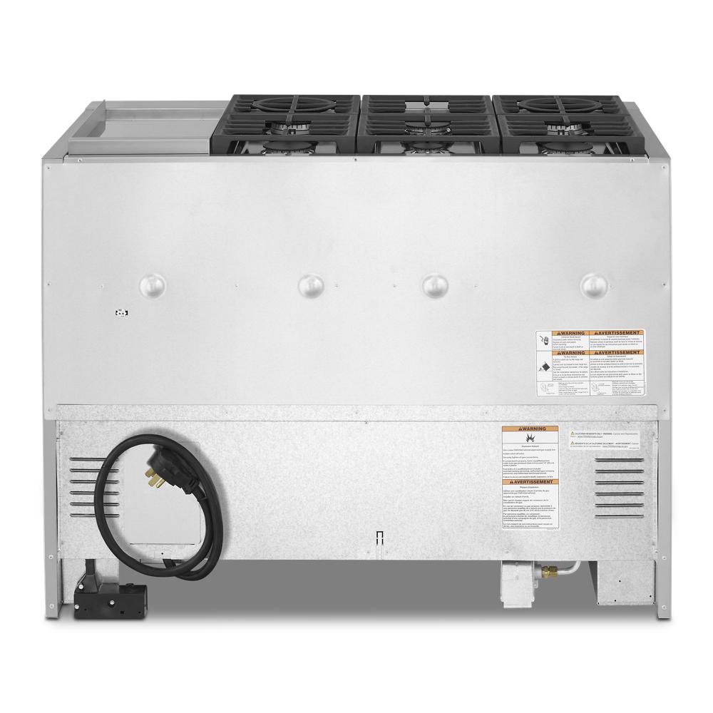 rear view of stainless steel commercial-style dual fuel range with six gas burners and electric connection cable