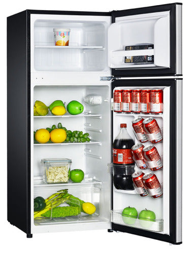 Compact black two-door refrigerator with stocked interior, adjustable shelves, and freezer for kitchen and appliance collections