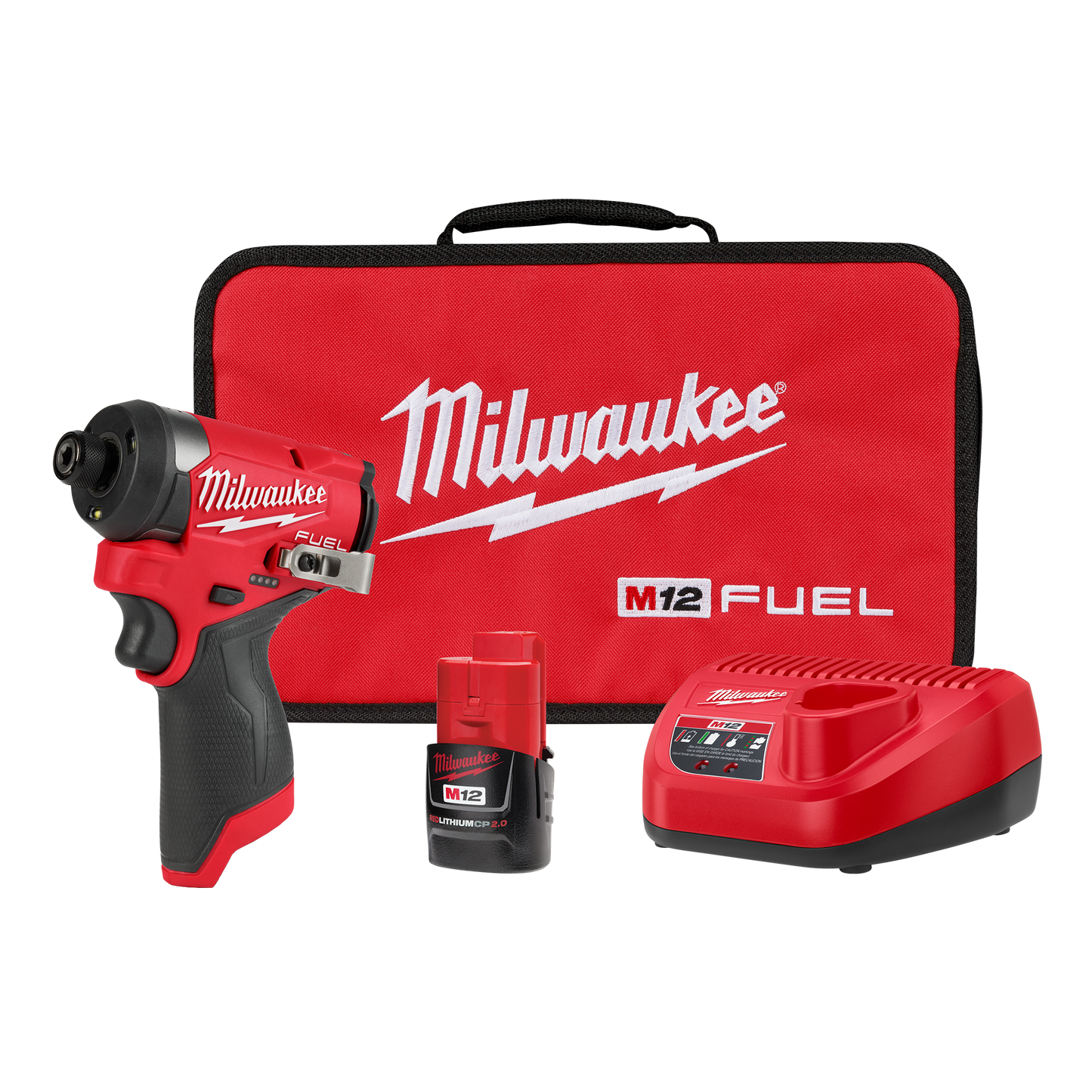 Compact red and black cordless impact driver kit with battery, charger, and branded red carrying case, featured in Milwaukee power tools at Hartville Hardware.