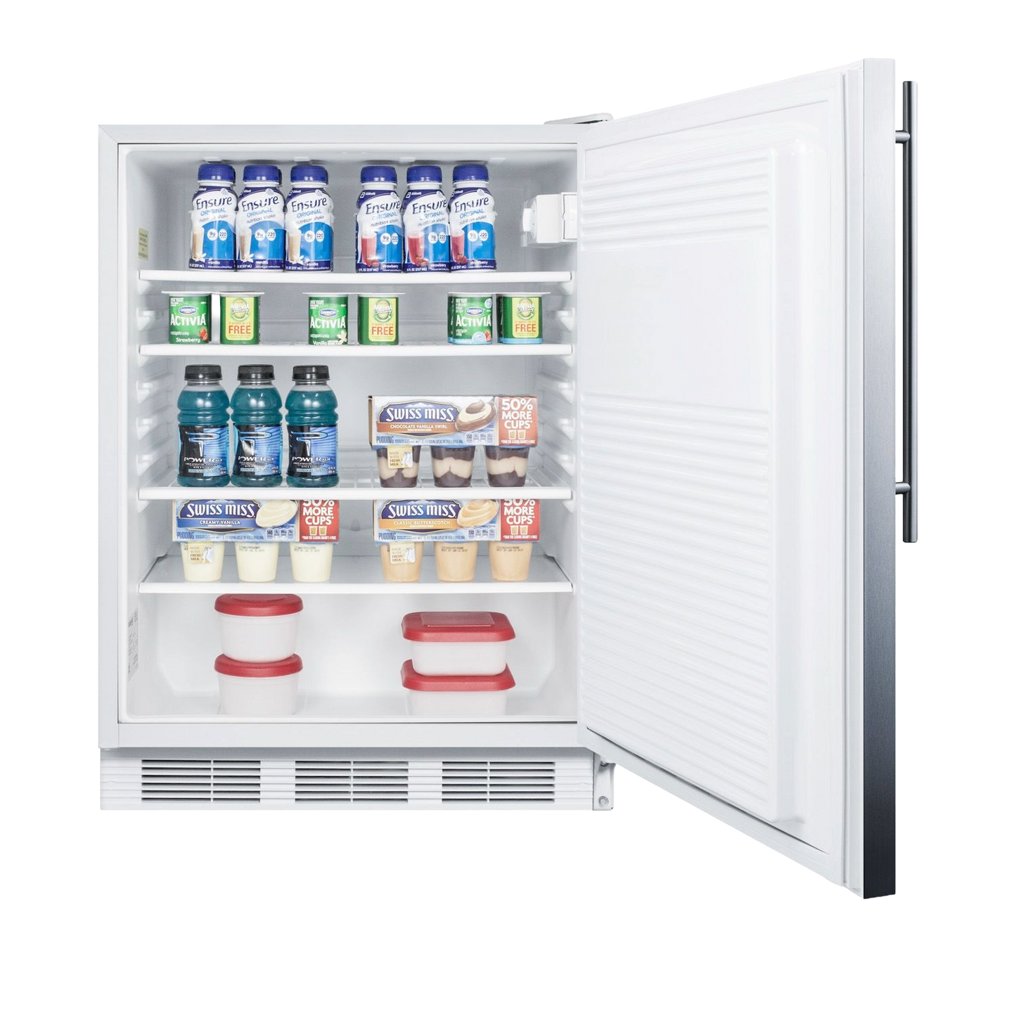 Open white built-in refrigerator with assorted beverages and containers on shelves in modern kitchen setting