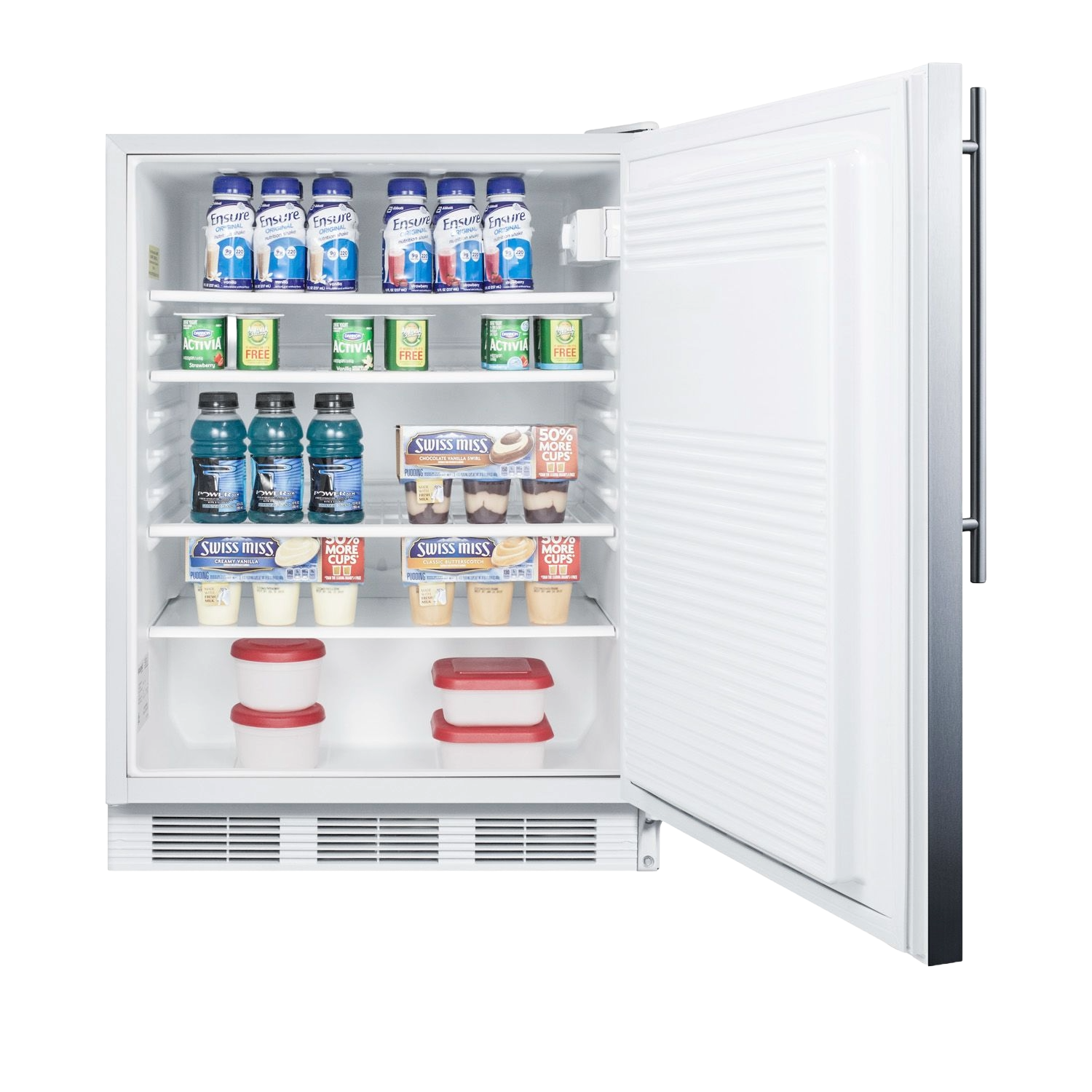 Open white built-in refrigerator with assorted beverages and containers on shelves in modern kitchen setting