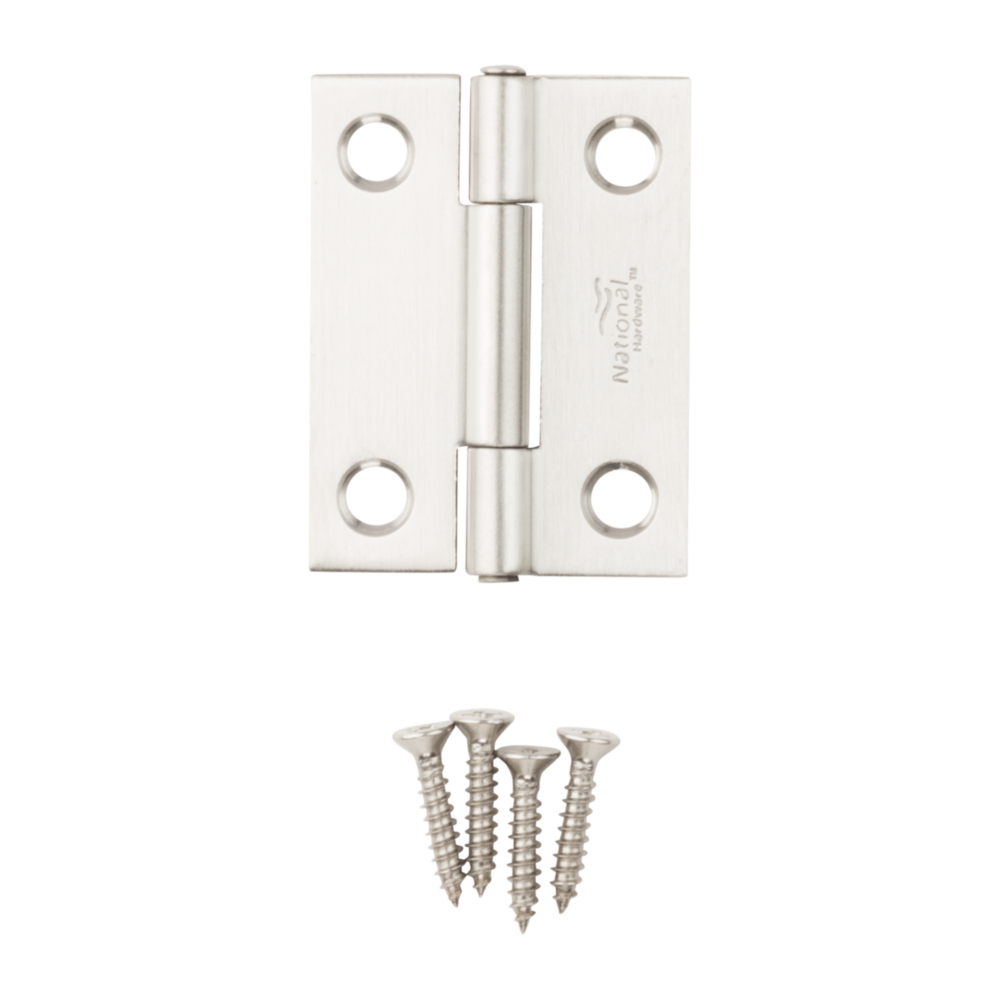 Stainless steel narrow tight-pin hinge with mounting screws for doors and cabinets in home improvement hardware collection under $50