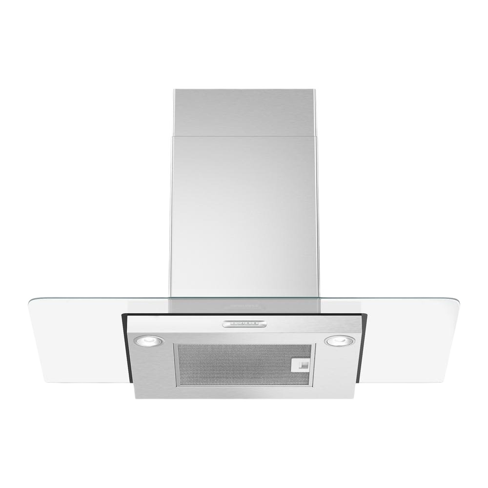 Wall-mounted stainless steel range hood with glass canopy, LED task lighting, and grease filter in Over the Range Hoods collection