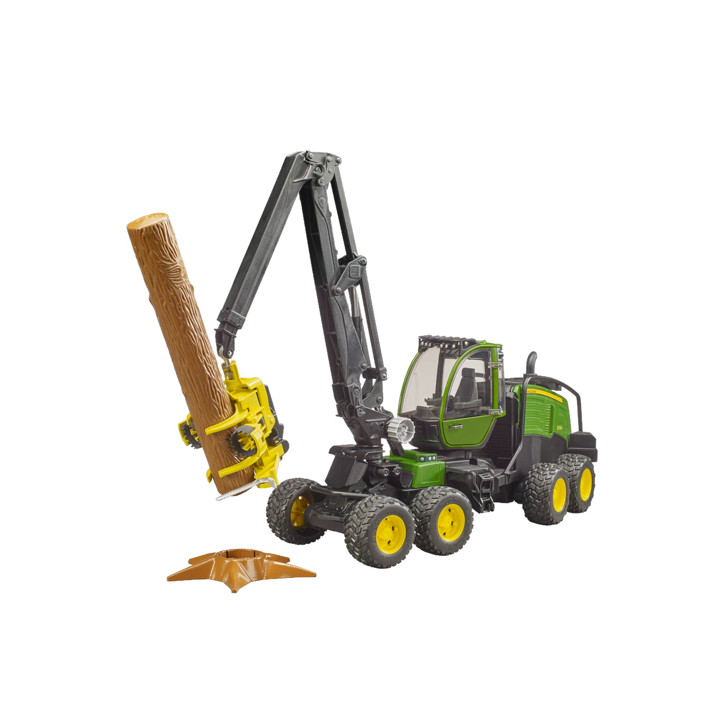 Green and yellow wheeled harvester toy with articulated arm holding a detailed brown log from Bruder Toys collection