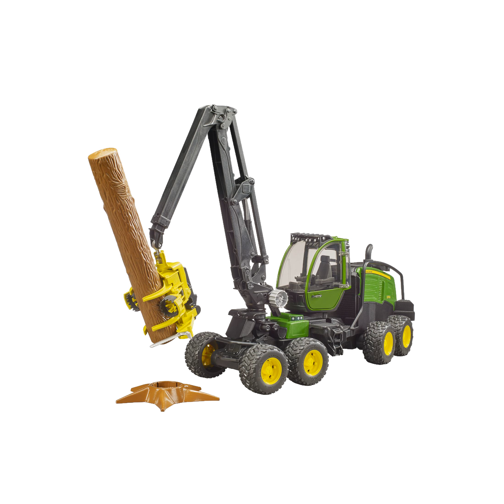 Green and yellow wheeled harvester toy with articulated arm holding a detailed brown log from Bruder Toys collection