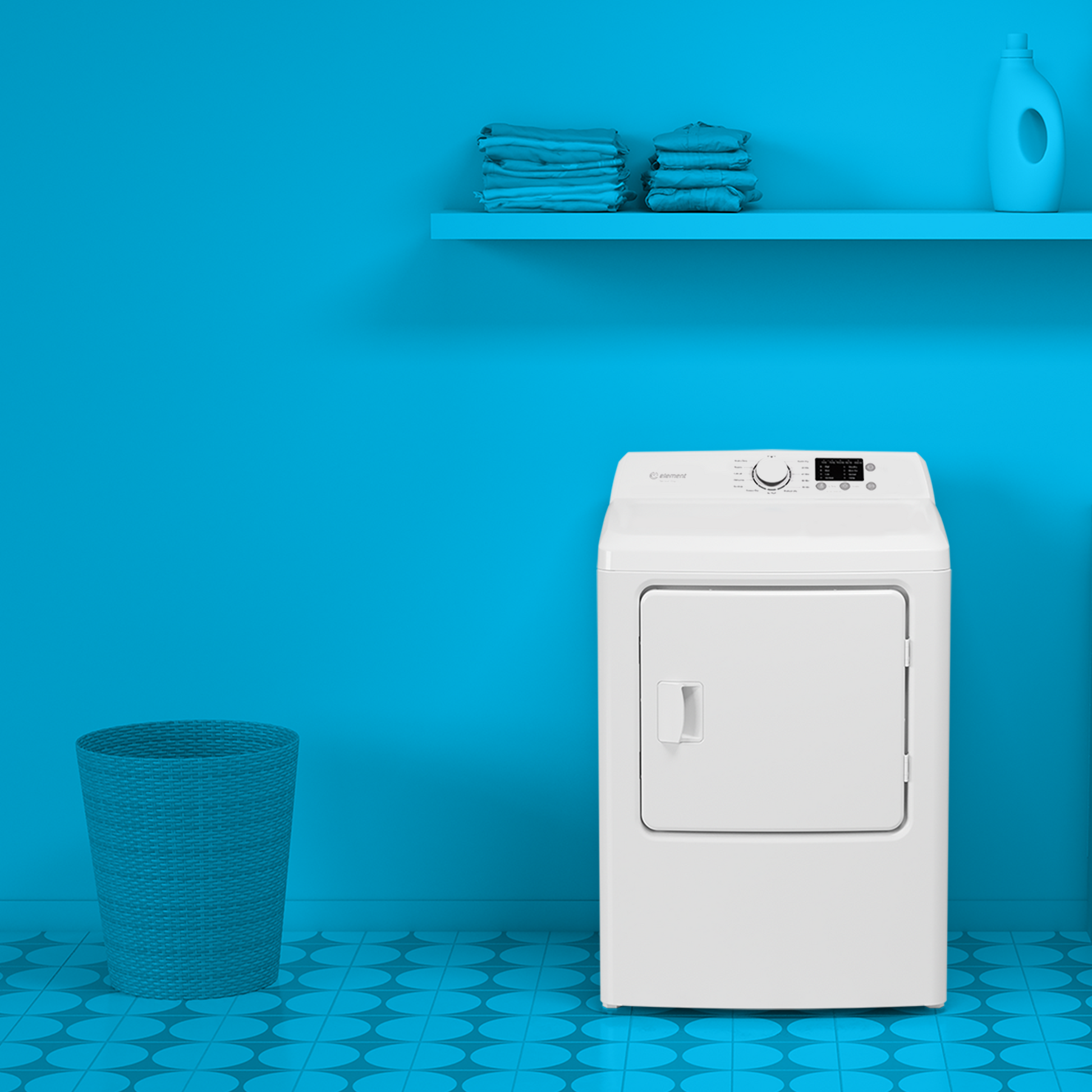 White front load electric dryer with digital display and control knob in modern laundry room setting from Dryers collection