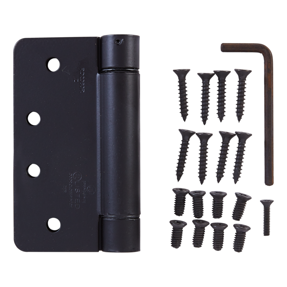 4-inch oil rubbed bronze spring door hinge with mounting screws and hex key for door hardware and home improvement projects