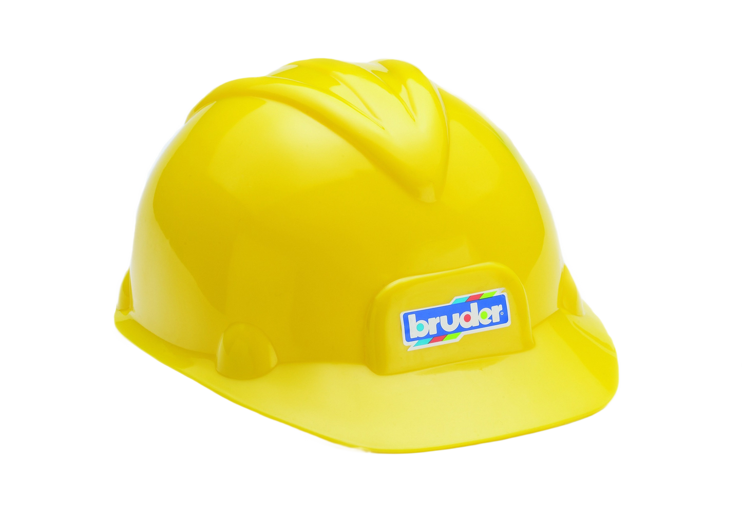 Bright yellow Bruder toy construction helmet designed for children's imaginative play in tools and home improvement activities