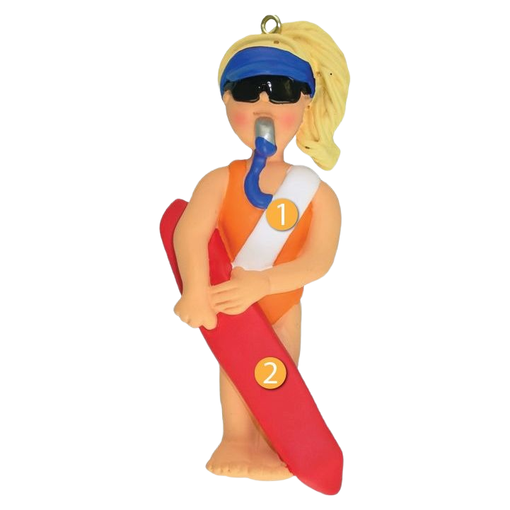 Blonde female lifeguard ornament wearing orange swimsuit and visor holding red rescue tube in Christmas collection