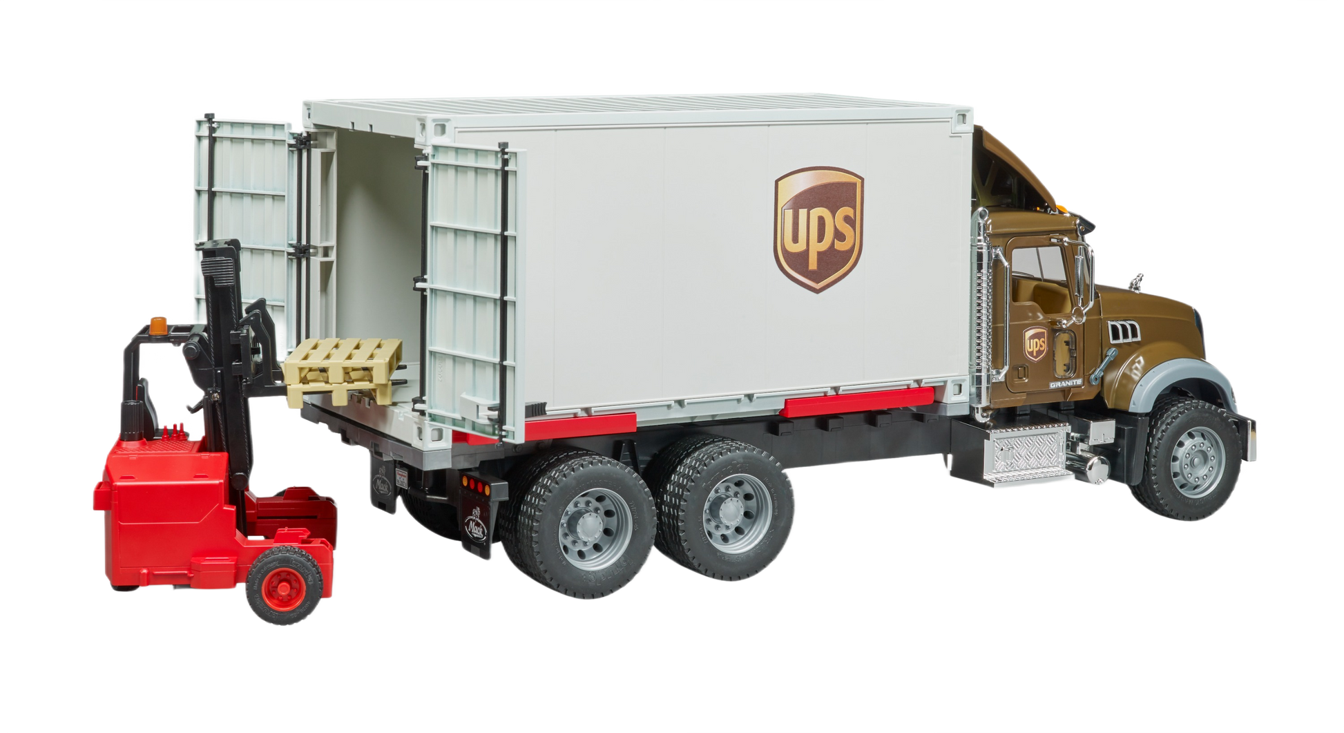 Model UPS delivery truck with detailed beige cab, white cargo box, and red forklift toy in Vehicles & Remote Controlled Toys collection
