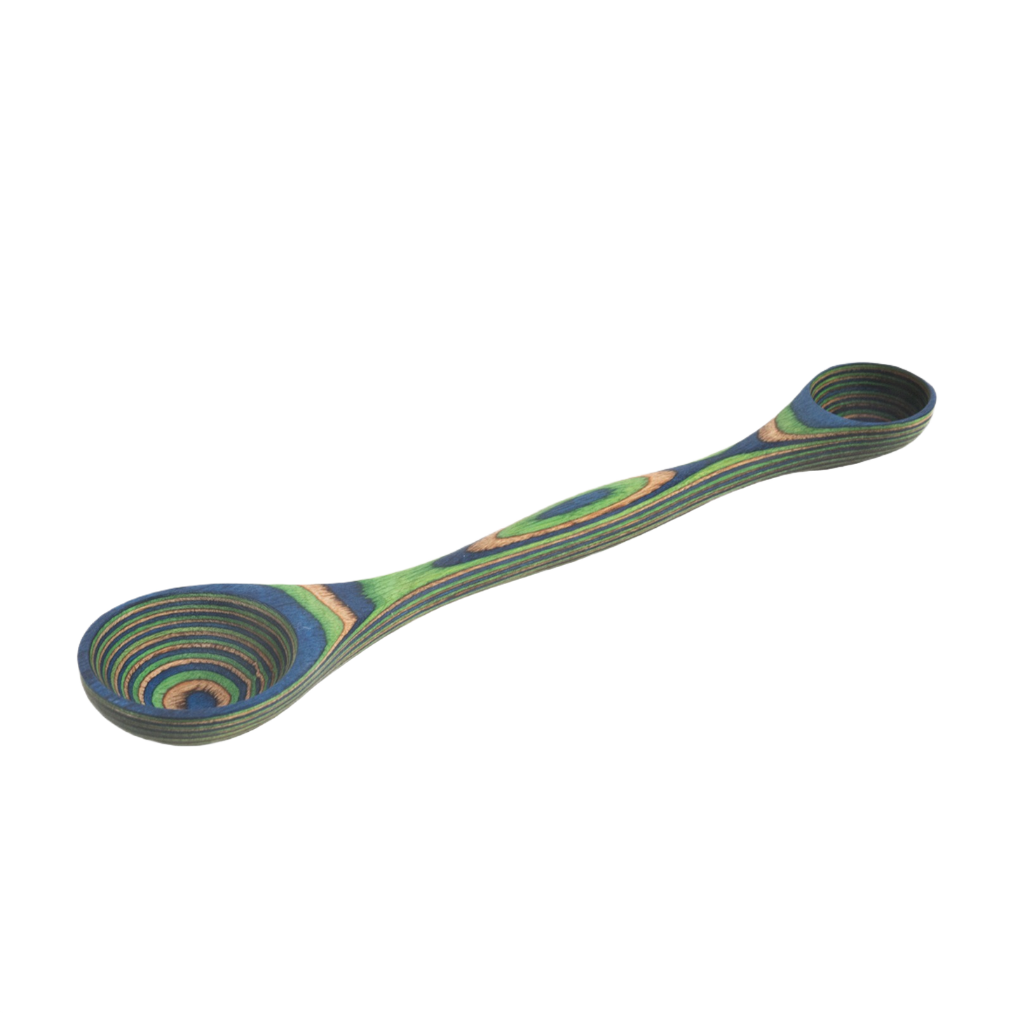 Double measuring spoon with layered green and natural Pakka wood for kitchen utensils and cooking gadgets collections
