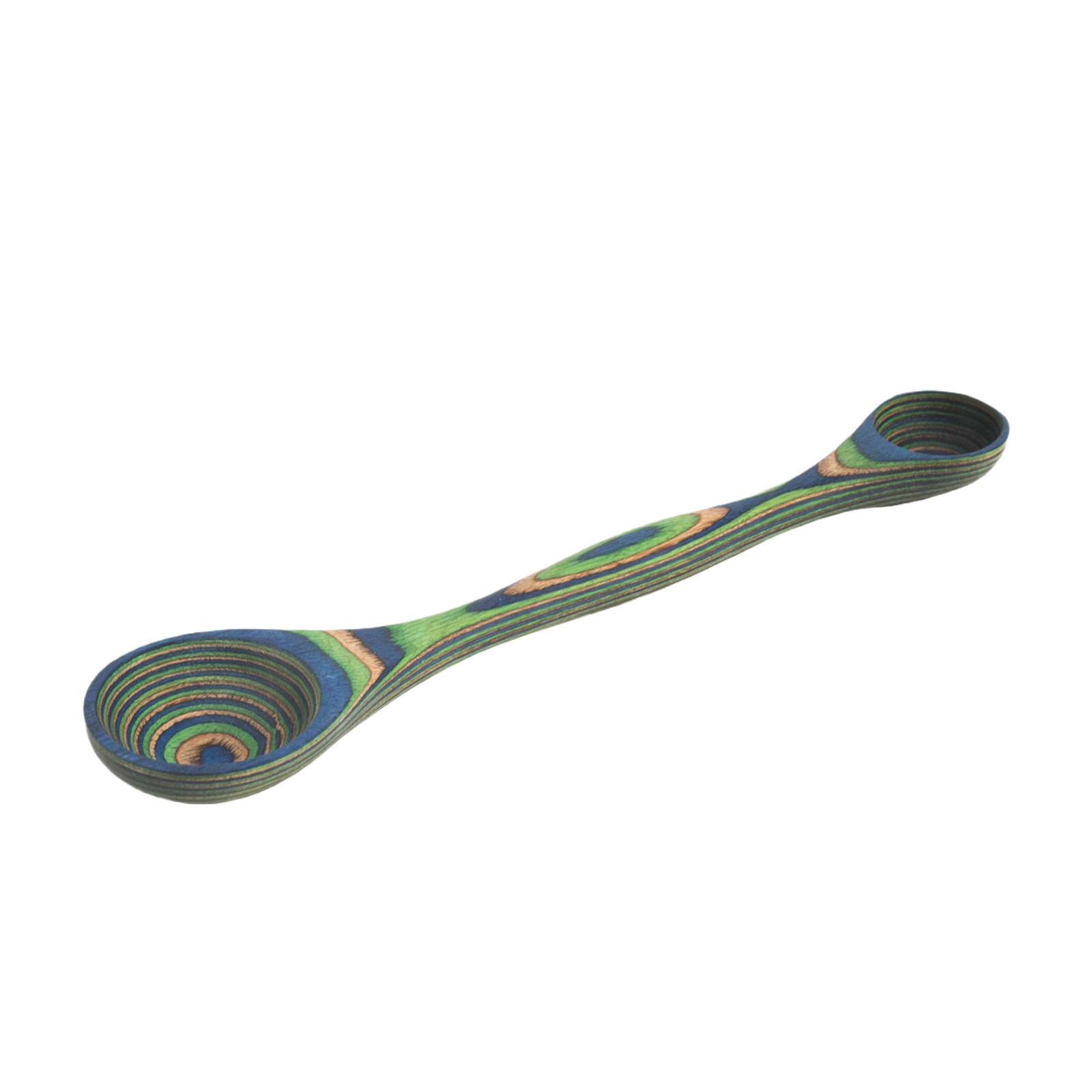 Double measuring spoon with layered green and natural Pakka wood for kitchen utensils and cooking gadgets collections