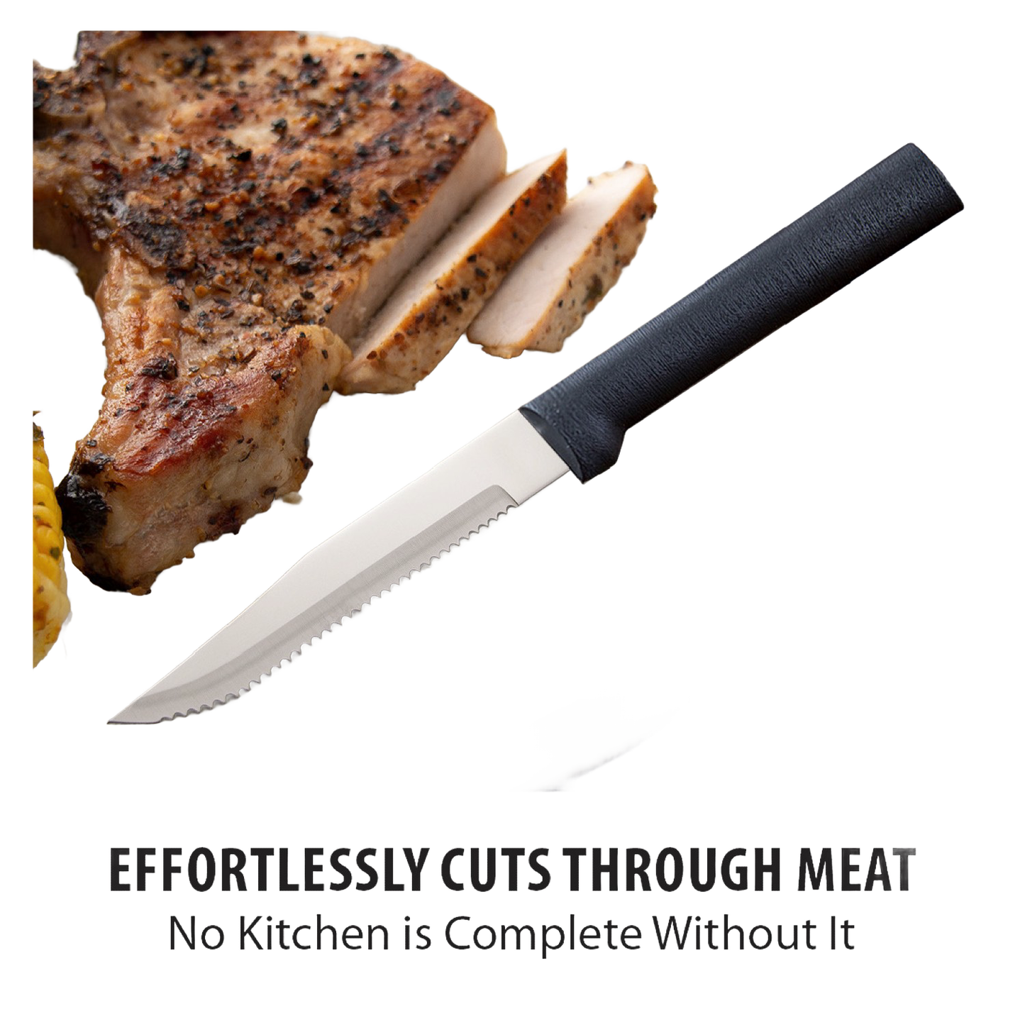 Serrated steak knife with black handle slicing grilled meat on cutting board in kitchen utensils under $50 collection