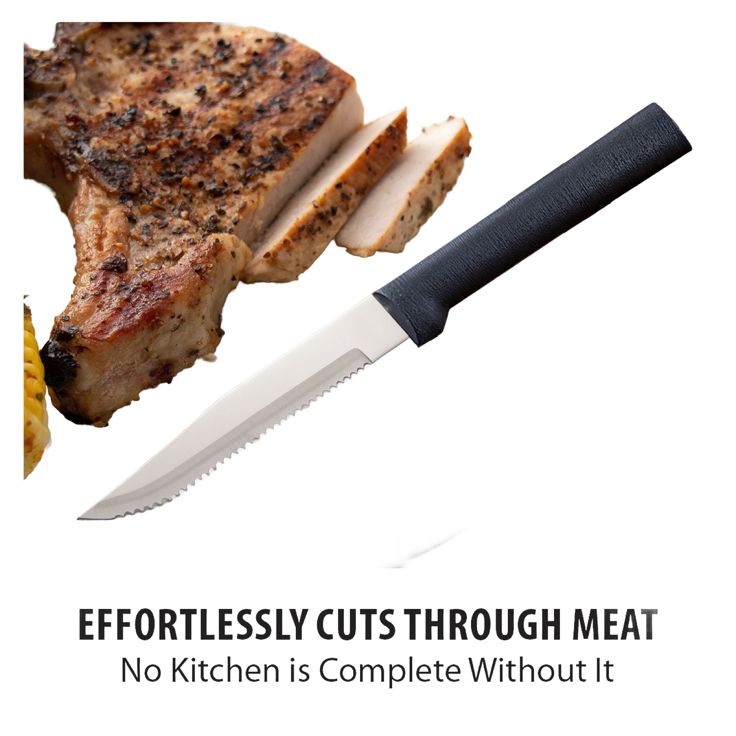 Serrated steak knife with black handle slicing grilled meat on cutting board in kitchen utensils under $50 collection