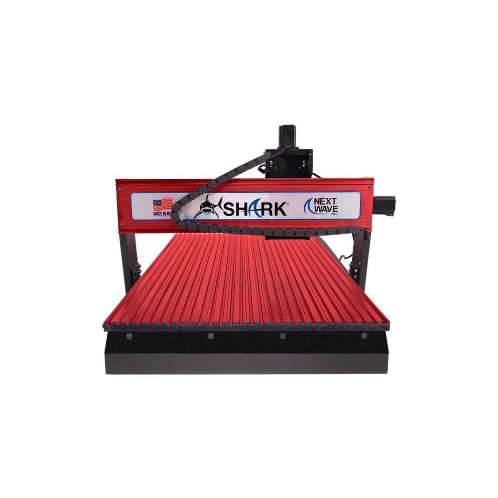 Red and black precision CNC machine with large grooved work surface for advanced home improvement projects