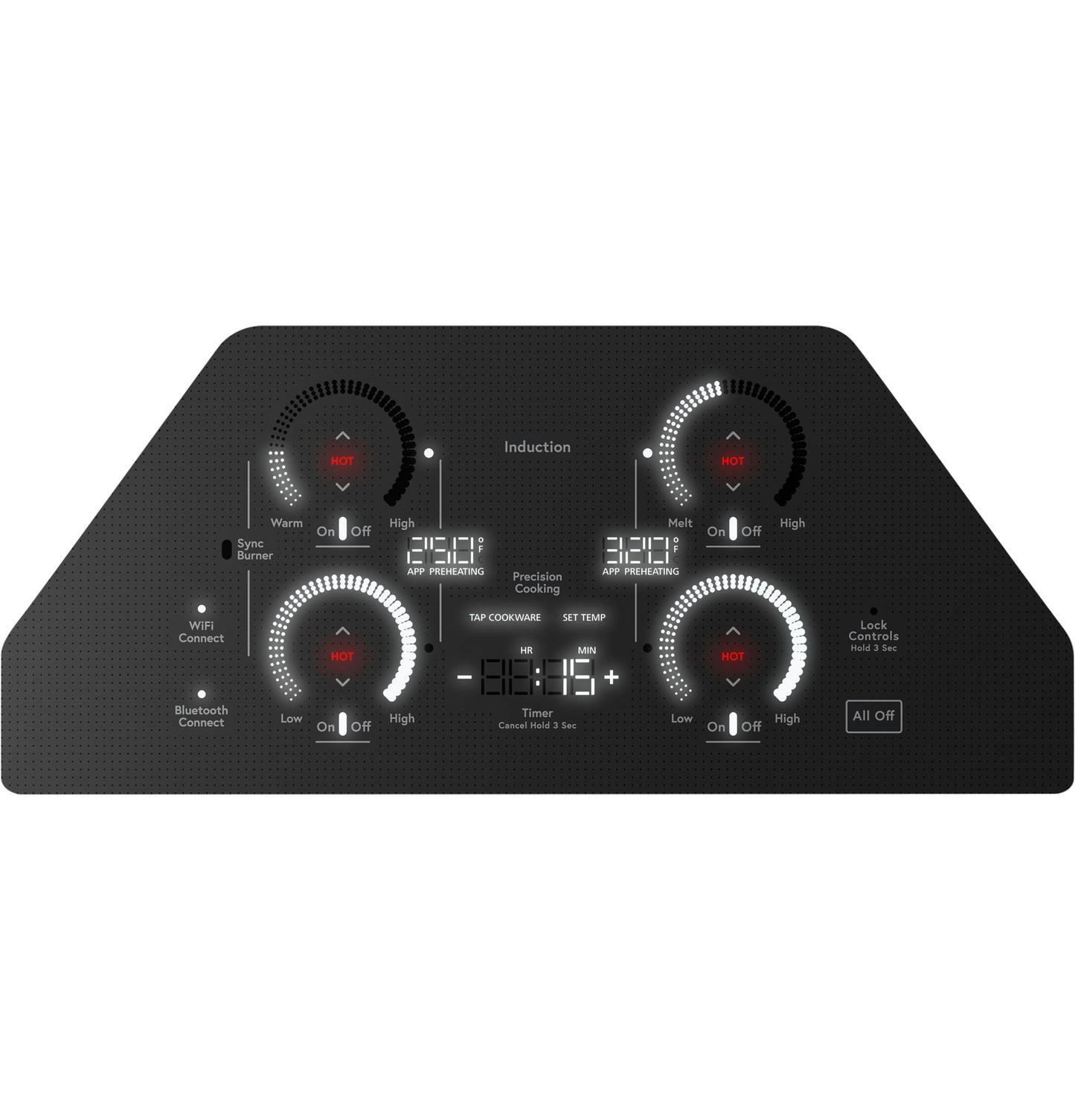 Black touch control panel for induction cooktop with digital display, burner settings, and safety lock features in kitchen appliances collection