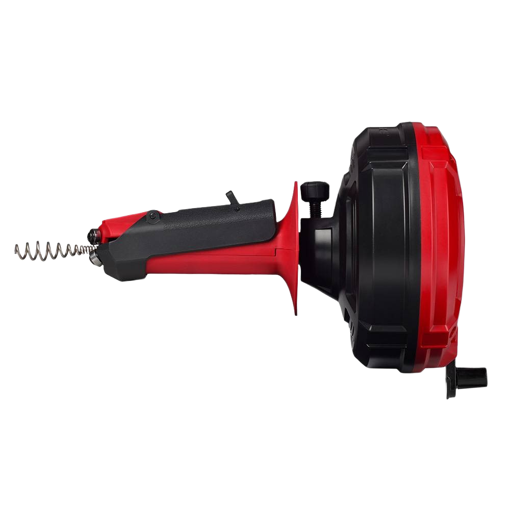 Red and black handheld auger tool with coiled cable and ergonomic grip for home improvement and plumbing tasks