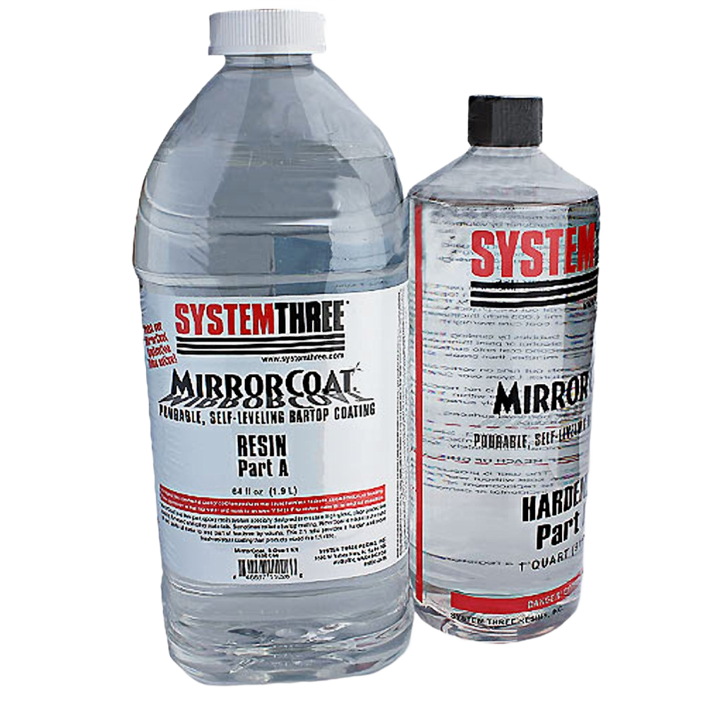 Two-part System Three Mirror Coat epoxy resin and hardener for durable wood sealing and finishing projects
