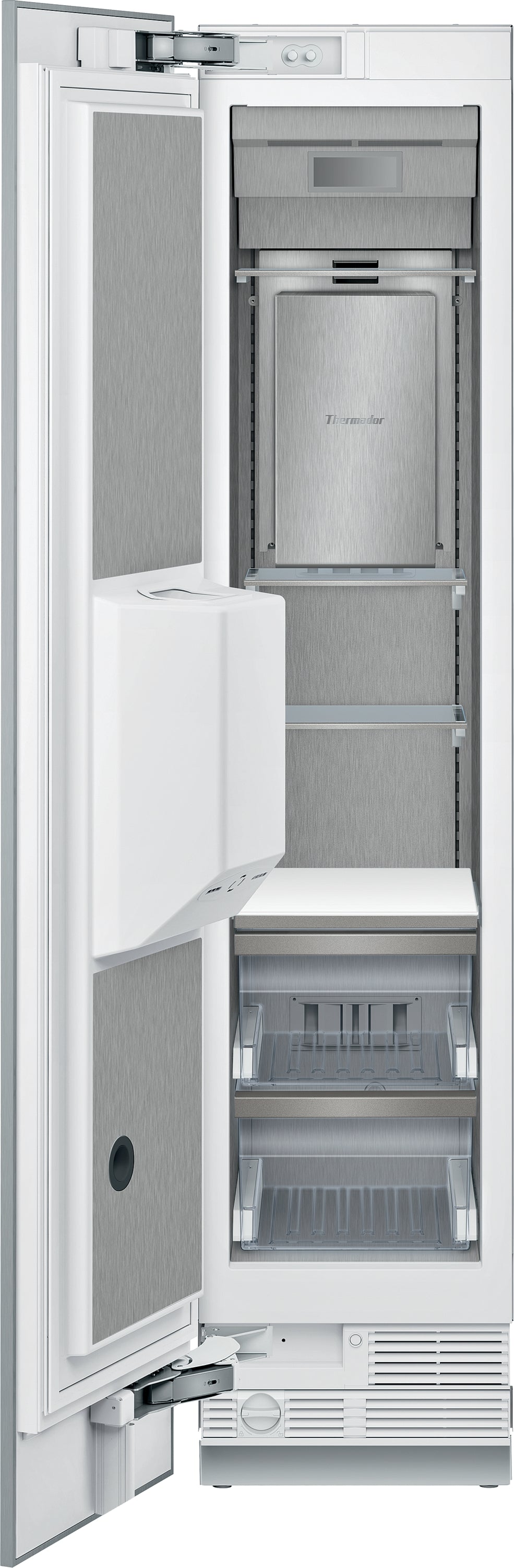 Built-in stainless steel freezer column with panel-ready door, external ice dispenser, and adjustable shelves from Thermador Appliances collection
