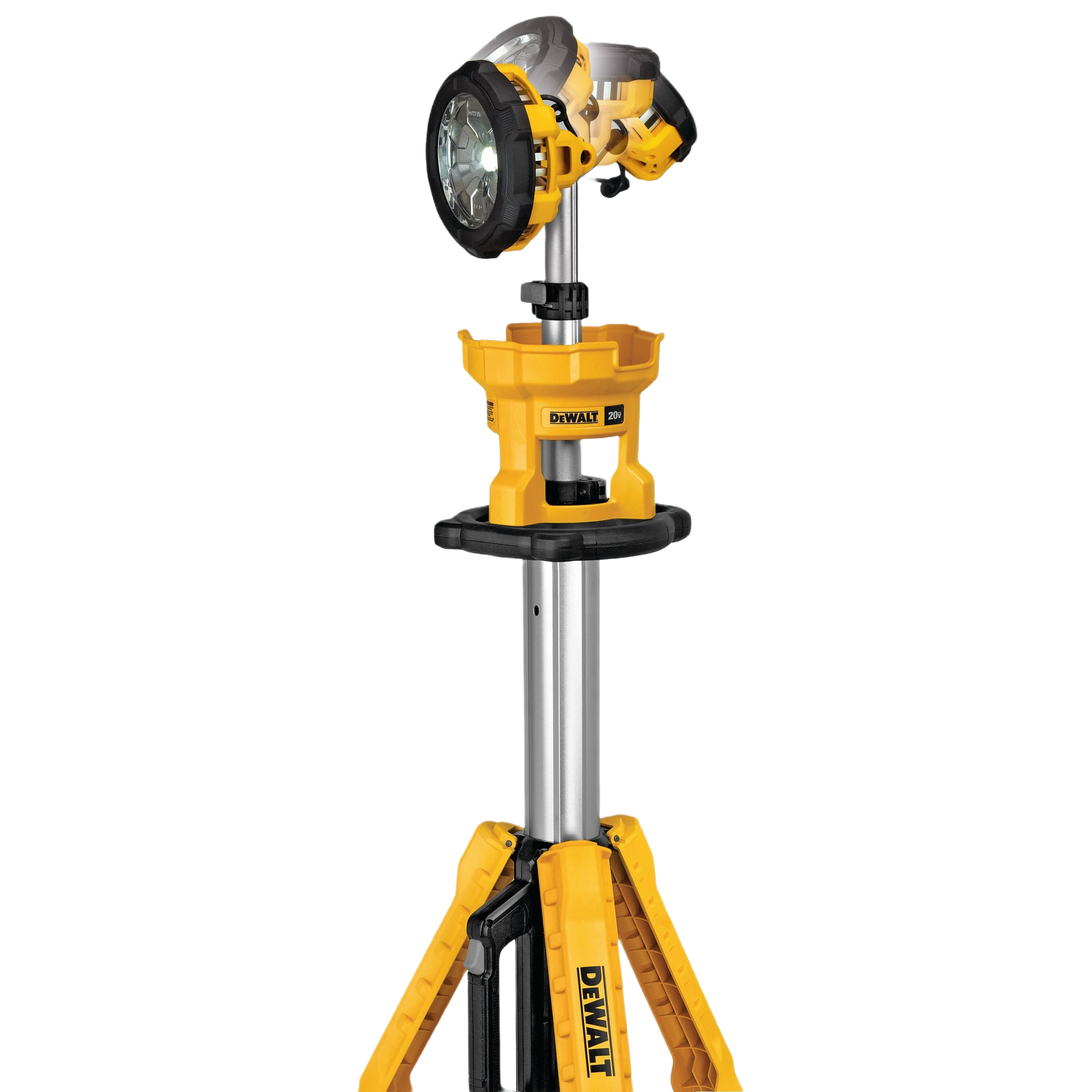 Yellow cordless tripod work light with adjustable LED head and sturdy metal legs for home improvement and tool accessory use