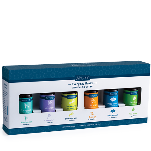 Set of six essential oils including eucalyptus, lavender, lemongrass, orange, peppermint, and tea tree in a gift box