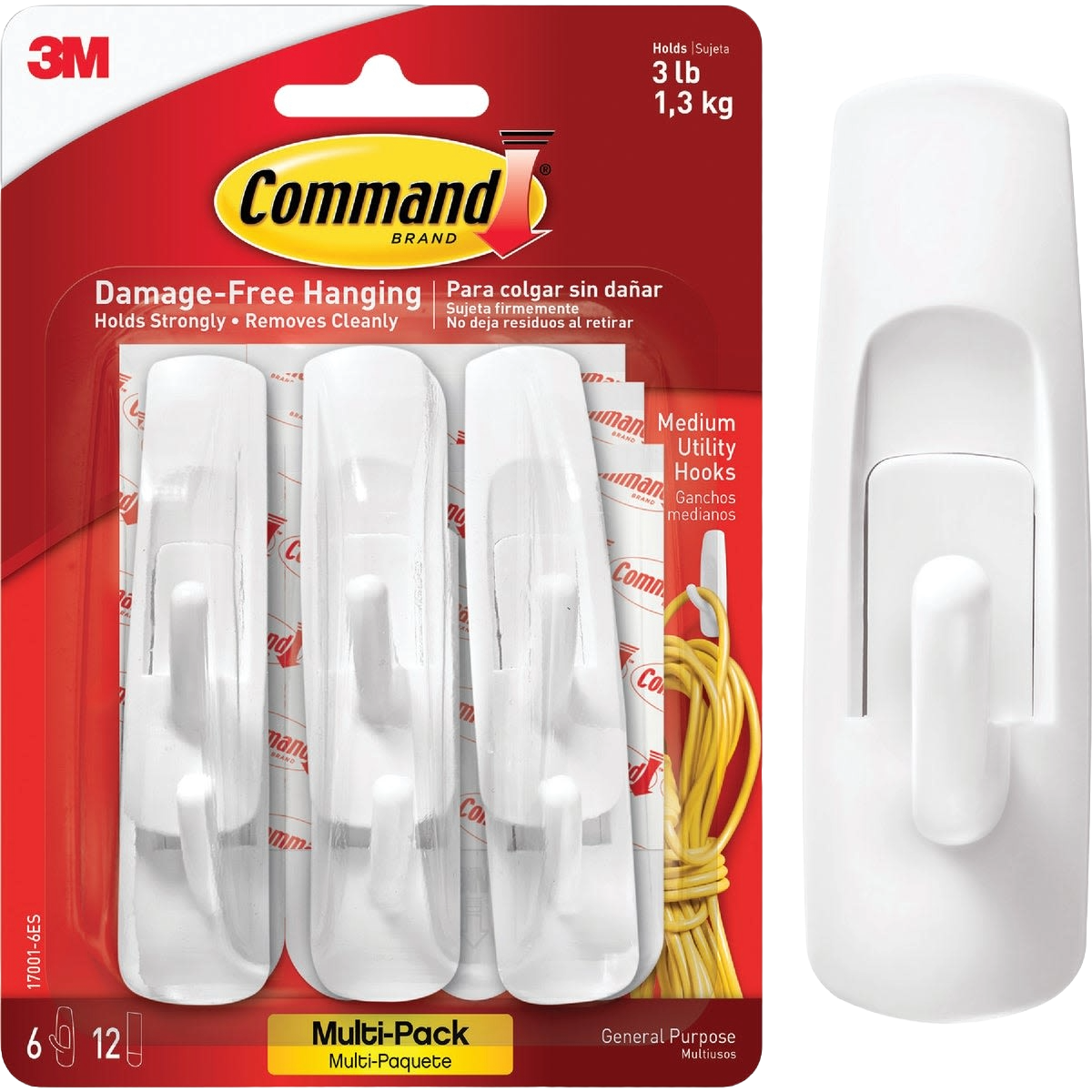 3M Command medium utility adhesive hooks 6-pack showing white hooks on red packaging in hardware collection