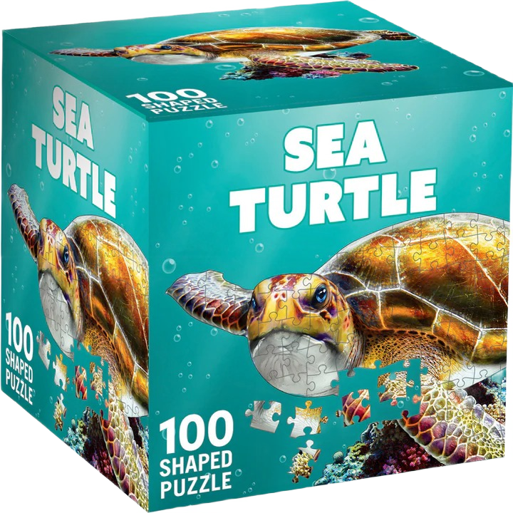 Colorful sea turtle image on blue box packaging for 100-piece shaped puzzle by MasterPieces