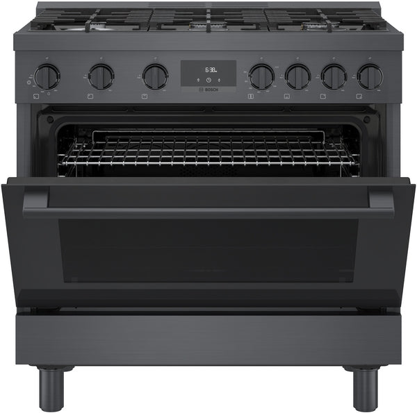 Front view of black stainless steel gas freestanding range with open oven door and metal control knobs from Bosch appliances collection
