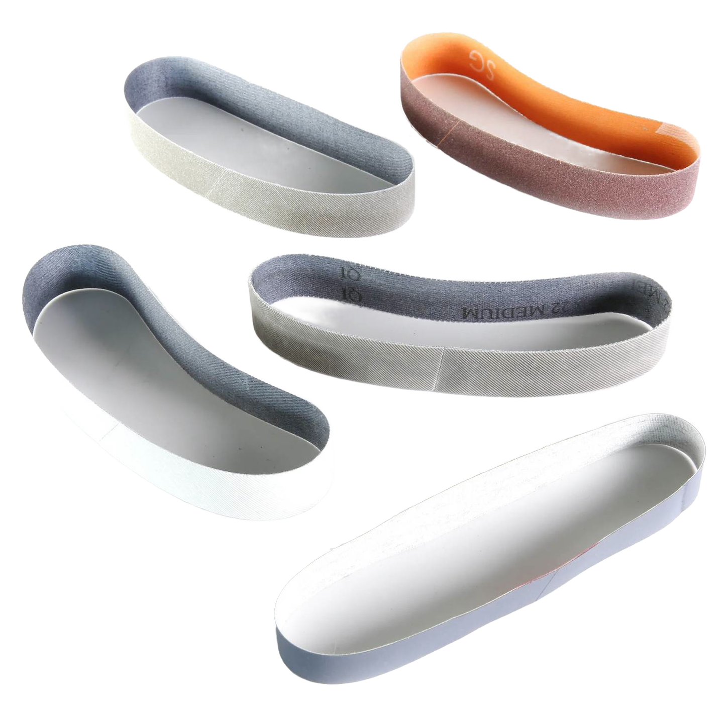 Five abrasive sharpening belts in various grits for kitchen gadgets and home improvement tools maintenance
