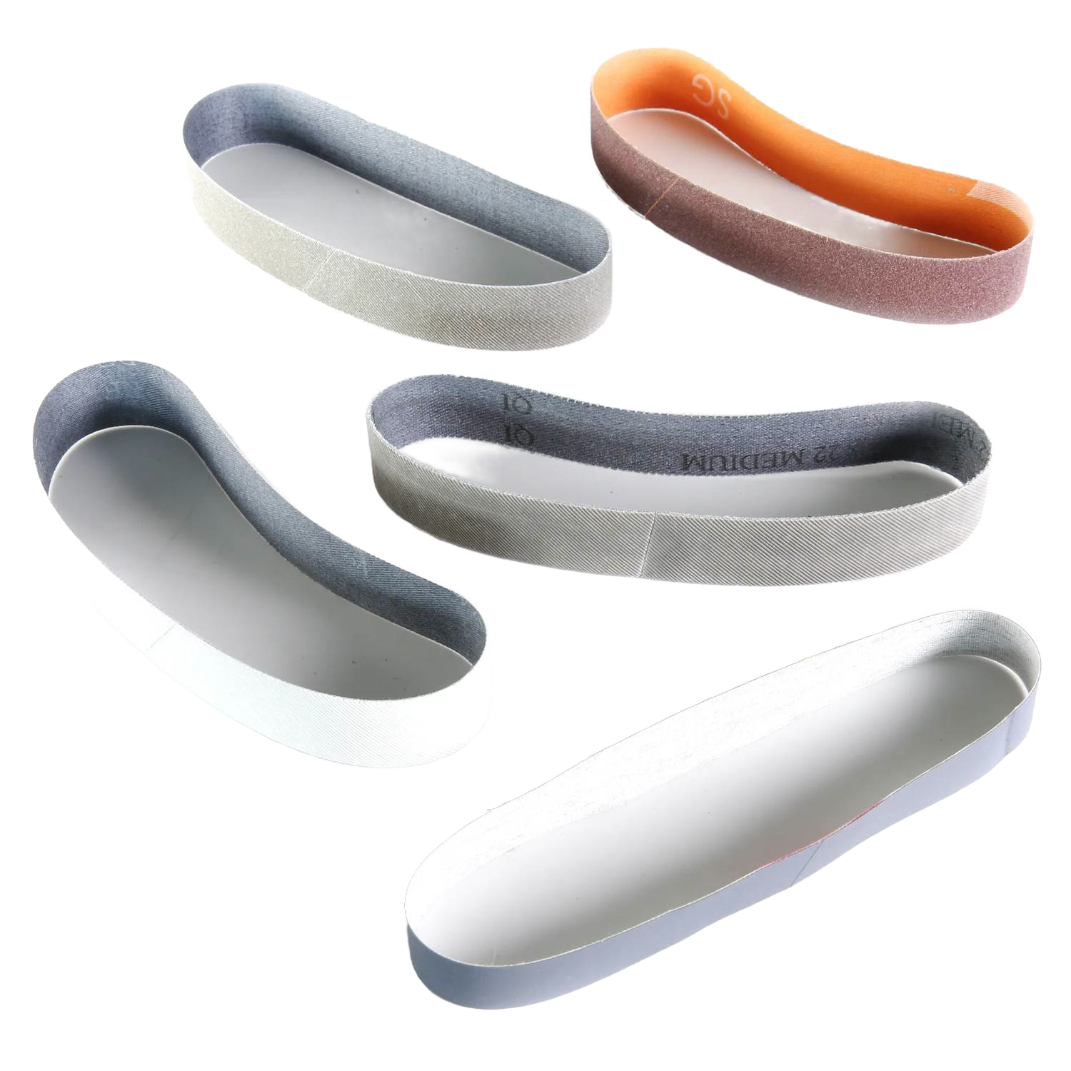 Five abrasive sharpening belts in various grits for kitchen gadgets and home improvement tools maintenance