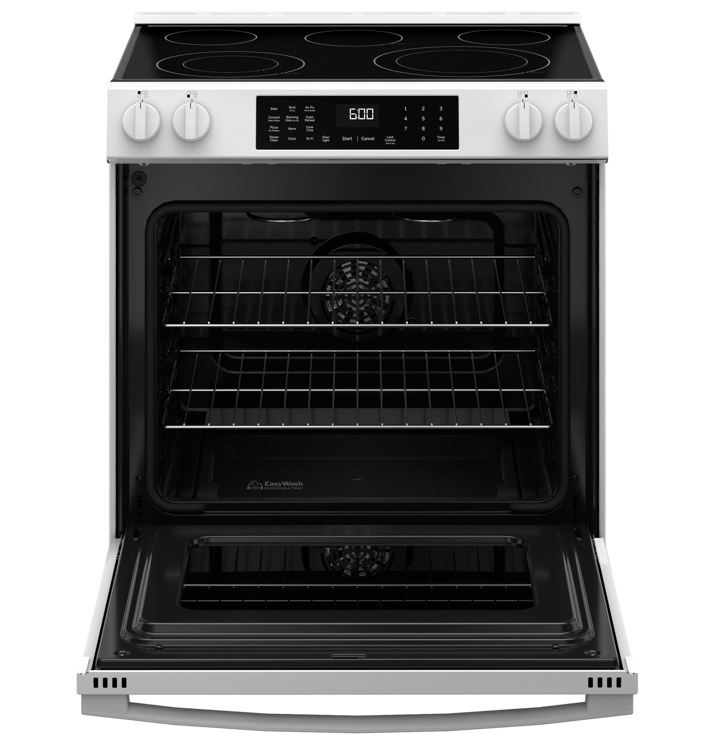Stainless steel slide-in electric convection range with smooth cooktop, digital display, and open oven door in Appliances collection