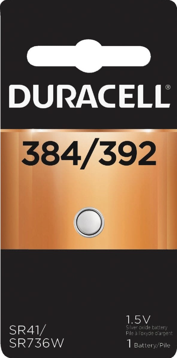 Duracell silver oxide button cell battery pack labeled 384/392 for small electronic devices and home tools use