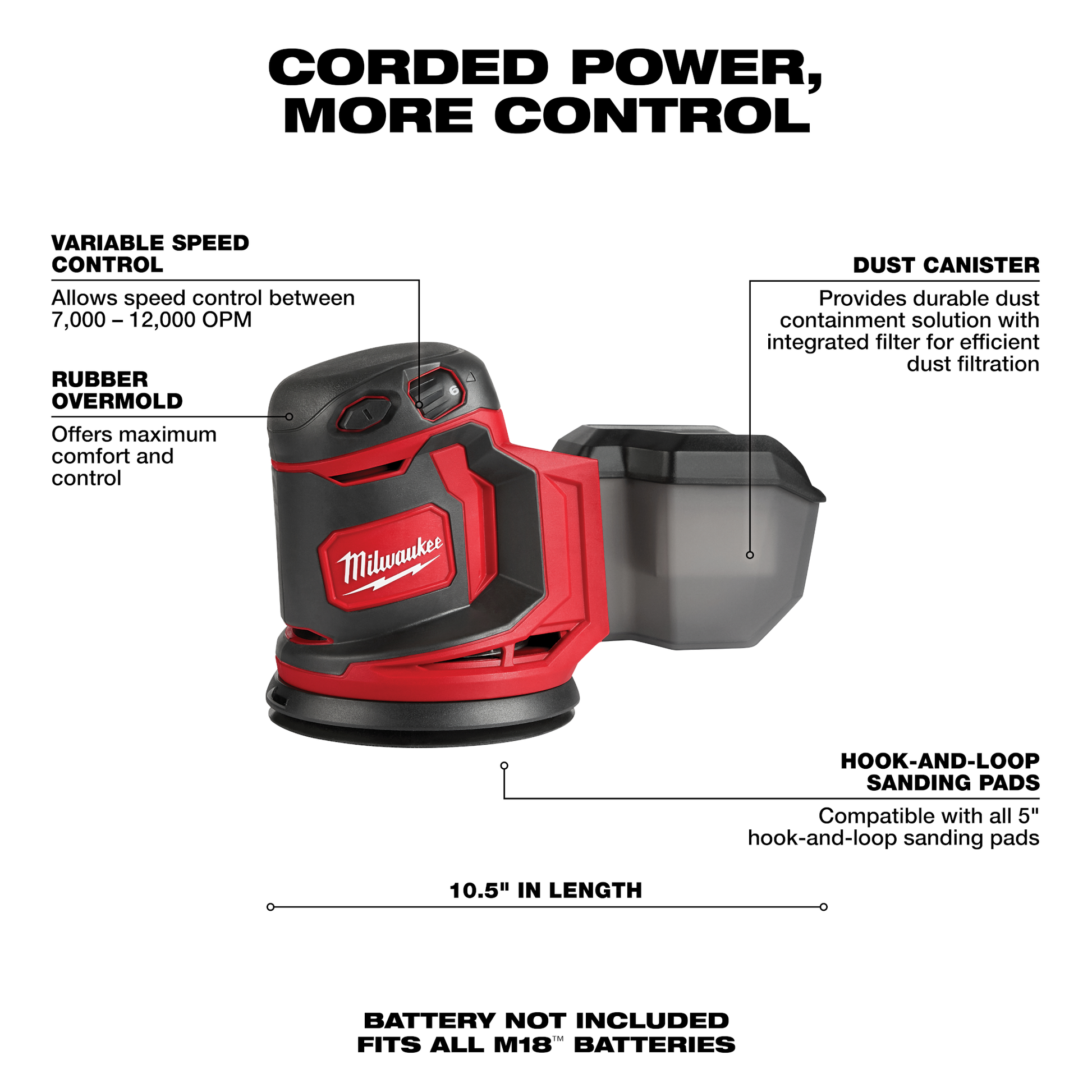 Red and black Milwaukee cordless random orbit sander with variable speed and dust canister for woodworking tools collections