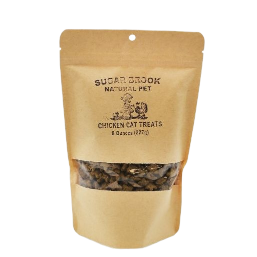 Brown resealable pouch of grain-free chicken cat treats from Sugar Brook Natural Pet in pet and animal supplies collection