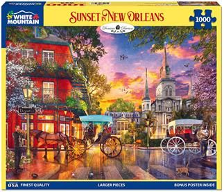 Colorful Sunset in New Orleans puzzle box featuring horse carriages and historic French Quarter scene in Toys & Games collection