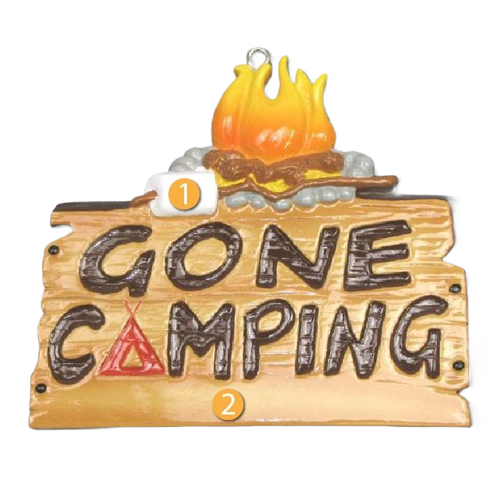Wooden-style Gone Camping ornament with campfire and red tent icon for Christmas tree decoration under 50 collection