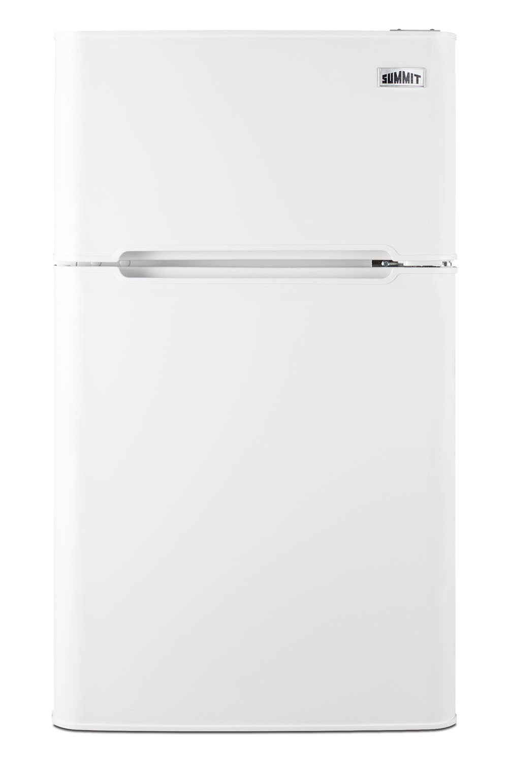 Compact white two-door refrigerator-freezer with top freezer compartment from kitchen appliances collection