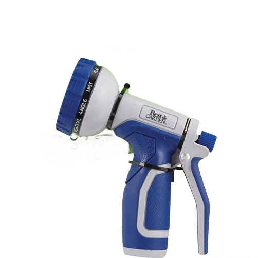 Blue and gray plastic garden nozzle with ergonomic grip and adjustable spray settings for home improvement tasks