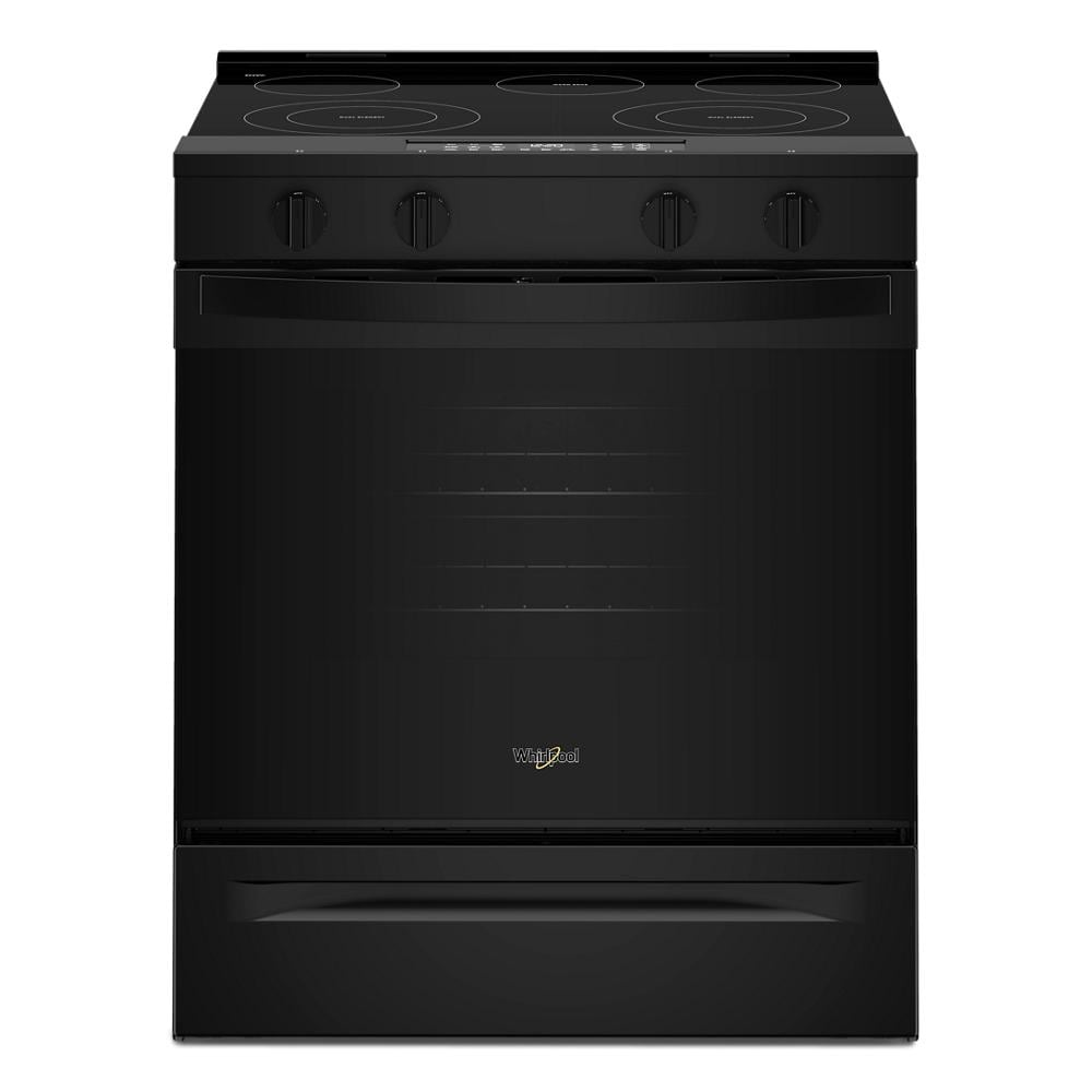 Front view of a sleek black 30-inch electric range with four control knobs and a smooth glass cooktop, perfect for kitchenware and appliance collections.